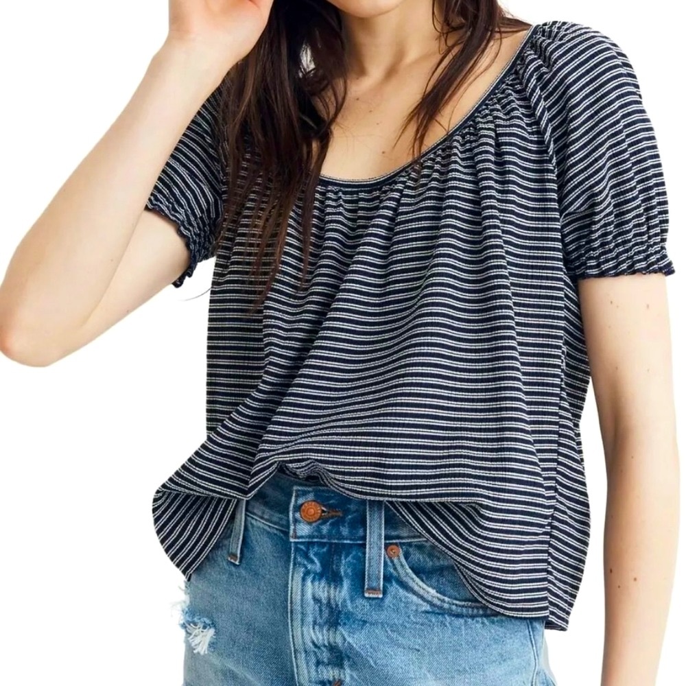 MADEWELL Texture & Thread navy striped peasant top